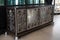 deco credenza with intricate metalwork, glass and leather