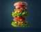 A deconstructed burger with its ingredients floating mid-air, showcasing fresh lettuce, tomato, cheese, triple beef