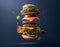 A deconstructed burger with its ingredients floating mid-air, showcasing fresh lettuce, tomato, cheese, triple beef