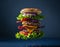 A deconstructed burger with its ingredients floating mid-air, showcasing fresh lettuce, tomato, cheese, triple beef