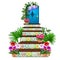 Decor in the form of a blue wooden door and steps tiled with multi-colored ornaments, fresh flowers in pots isolated on