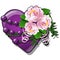 Decor form of heart purple color decorated with fresh flower buds pink peony and curly ribbon isolated on white
