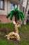 Decor garden in the courtyard of an apartment building in a provincial city - giraffe from car tires and plywood and palm tree