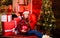 Decor shop. Favorite color. Christmas concept. Child fancy santa enjoy celebration new year. Red style. Spread love