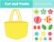 Decorate beach tote bag with glue and scissors. Cut and paste children educational game. Stickers activity for toddlers