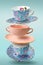 Decorated blue and pink empty porcelain teacups