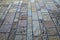 Decorated bricks tiles sidewalk, close up