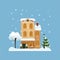 Decorated buildings for 2022 new year and christmas. Building with tree and fir tree at yard, construction facade with