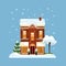 Decorated buildings for 2022 new year and christmas. Building with tree and fir tree at yard, construction facade with