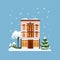 Decorated buildings for 2022 new year and christmas. Building with tree and fir tree at yard, construction facade with