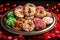 decorated christmas cookies on a festive platter with candies