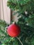 Decorated Christmas green tree decorations have green ball, leaves on blurred of background