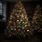 Decorated Christmas tree with with balls and garlands in a cozy home interior, new year tradition, merry xmas, AI Generated