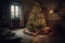 Decorated Christmas tree with with balls and garlands in a cozy home interior, new year tradition, merry xmas, AI Generated