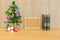 decorated christmas tree cork board & book. xmas new year holiday festival.