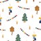 Decorated Christmas tree, cuckoo clock, bunting, candles seamless pattern simple hand drawn vector