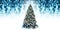 Decorated christmas tree full of blue and silver balls, decorations and many gift wrapped  packages isolated on white and blurred