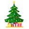 Decorated Christmas Tree with Gifts, Lights, Garland, Star. Beautiful Xmas Artwork in Flat Style. Vector illustration