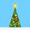 Decorated Christmas Tree with Lights, Garland, Star. Beautiful Xmas Artwork in Flat Style. Vector illustration