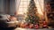 Decorated Christmas tree with presents. Cozy festive room. Template for Christmas