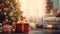 Decorated Christmas tree with presents. Cozy festive room. Template for Christmas