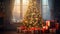 Decorated Christmas tree with presents. Cozy festive room. Template for Christmas