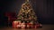 A decorated Christmas tree and wrapped gift under it in a dark sitting room, Christmas time