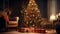 A decorated Christmas tree and wrapped gift under it in a dark sitting room, Christmas time