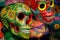 Decorated colorful skulls at market, day of dead, Mexico