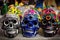 Decorated colorful skulls at market, day of dead, Mexico