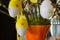 Decorated Easter eggs with the catkins on table.