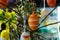 Decorated Easter eggs with the catkins on table.