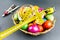 Decorated Easter eggs in a engineer woven basket