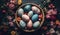 Decorated Easter eggs with patterns and paintings in a dark woven basket