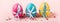 Decorated eggs stand in a row. Easter concept, banner format