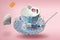 Decorated empty blue porcelain teacup with saucer, tea bag, spoon and sugar cubes flying
