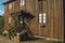 Decorated entrance on the facade of wooden house