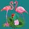 Decorated with exotic rain forest jungle palm tree monstera green leaves and couple of pink flamingo birds