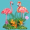 Decorated with exotic rain forest jungle palm tree monstera green leaves and couple of pink flamingo birds