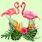 Decorated with exotic rain forest jungle palm tree monstera leaves and couple of pink flamingo birds