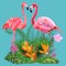 Decorated with exotic rain forest jungle palm tree monstera leaves and couple of pink flamingo birds