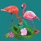 Decorated with exotic rain forest jungle palm tree monstera leaves and couple of pink flamingo birds