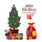 Decorated fir tree with gift boxes. Santa bag and handlettering sign Merry Christmas and a happy new year concept. Vector