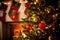 Decorated fireplace and Christmas tree at cottage