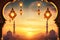 Decorated Gate hanging burning lanterns in the background silhouetted mosque sunset. Banner with space for your own content