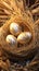 Decorated golden eggs nestled within straw nest. Easter greeting card, phone wallpaper