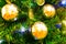 Decorated  green Ñhristmas tree background, Beautiful Christmas fur-tree decorated with New Year`s toys, Christmas balls