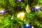 Decorated  green Ñhristmas tree background, Beautiful Christmas fur-tree decorated with New Year`s toys, Christmas balls