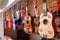 Decorated guitars hanging in line