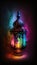 Decorated lantern with colorful glass, burning on a colorful background. Lantern as a symbol of Ramadan for Muslims